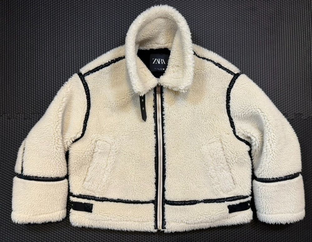 ZARA Womens Sz L Faux Shearling Fleece Biker Jacket Cream Black Buckle B3 Flight